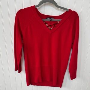 Cable & Gauge Red Lace-Up V-Neck Sweater